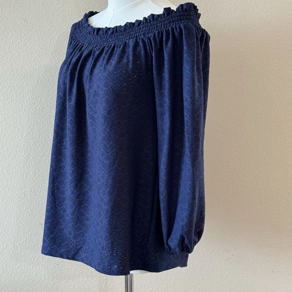 Michael Kors Off Shoulder Eyelet Smocked Navy Peasant Blouse Women's Small